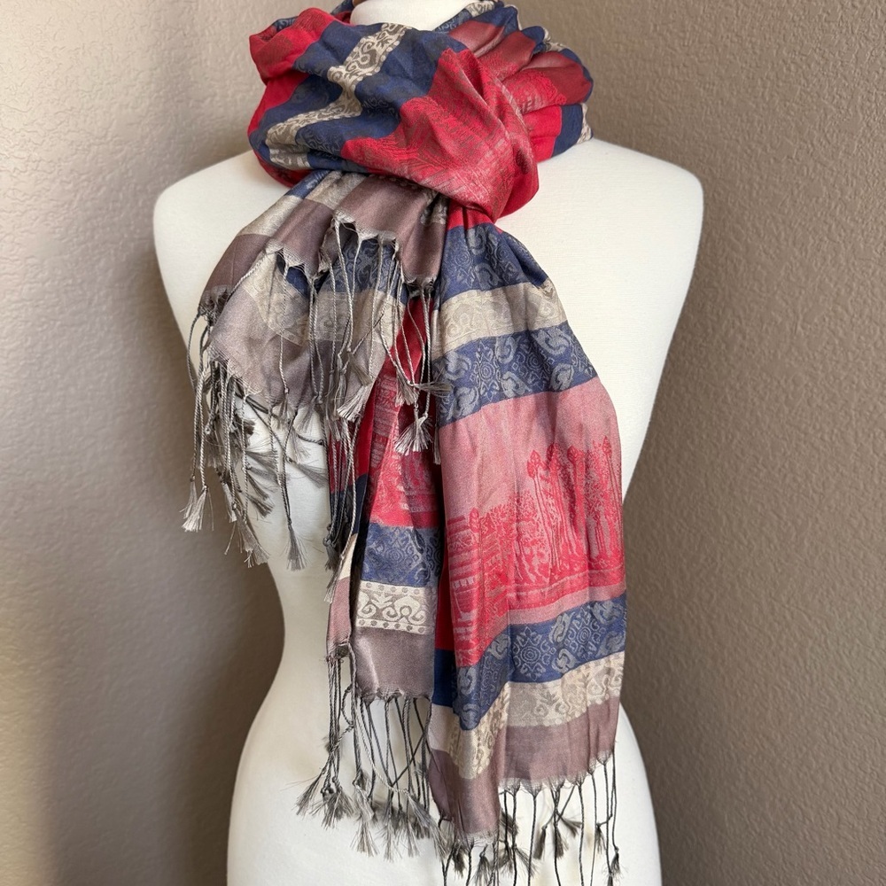 Vintage 100% Silk Scarf Wrap Cambodia Red Blue Tassels 27”x72”